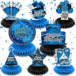8Pcs Blue Birthday Decorations Blue and Black Happy Birthday Table Honeycomb Centerpieces for Table Decor Birthday Table Topper for Men Boys Women Girls Her Him Birthday Anniversary Party Supplies