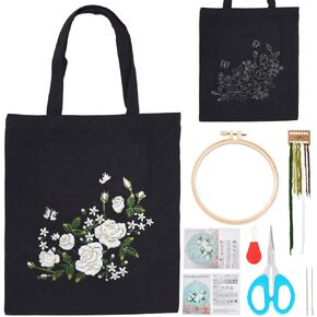 ORIGACH DIY Canvas Tote Bag Embroidery Kit with White Rose Pattern for Beginners, Floral Embroidery Shoulder Bag Set for Adults, Complete Embroidery Accessories Kit with Instruction for Adults