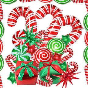 32Pcs Christmas Foil Balloons, Red white Green Large Candy Cane Swirl Candies Balloons star foil Balloons and Big Gift Boxes Spike balloons for Christmas Party Supplies Decoration