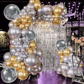 124Pcs Silver and Gold Garland Balloons Metallic Balloon Arch Kit Chrome Silver balloon Disco Ball decorations for Disco Party 60th Birthday Graduation NYE 2025 New Year Party