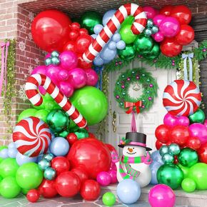 Christmas Balloon Arch Kit, 114 Pcs Red Hot Pink Lime Dark Green Pastel Blue Xmas Latex Balloon Garland Set with Candy Cane Foil Balloons for Girls Women Holiday Decor Birthday Party Decorations