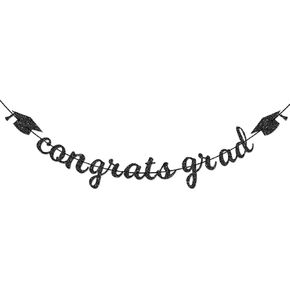 Congrats Grad Banner Decorations - Hanging Glitter Graduation Banner with Cap Garland Sign Bunting for Class of 2024 Photo Backdrop, College High School Grad Party Supplies for Wall Decor (Black)