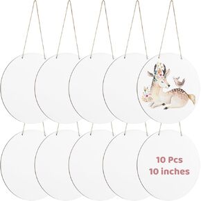 10 Inch Wood Circles for Crafts,10pcs Door Hanger Blanks, White Wooden Door Hanger Unfinished Round Door Hanger DIY Wooden Sign Blank with Rope for Painting,Halloween,Christmas Fall Home Decor