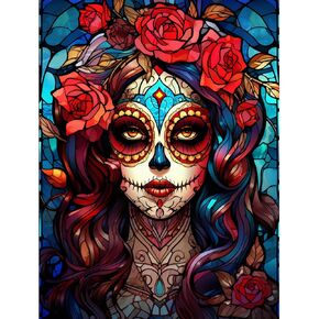 Sugar Skull Girl Diamond Painting DIY 5D, Numbering Kit,Red Rose Flowers Artwork/Pictures Mexico Day of The Dead Wall Art Crystal Rhinestone Embroidery Painting Home Decor Adults Gift(12''Wx 16''H)