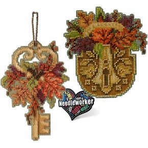 Mill Hill Antique Lock and Key Counted Cross Stitch Kits, Set of 2 - Autumn Themed Ornaments Plus 'Needleworker' Sticker