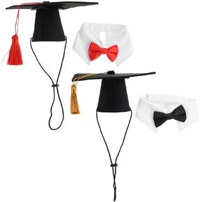 LUOZZY 4 PCS Pet Graduation Caps with Bow Tie Small Dog Graduation Caps with Red/Gold Tassel Small Dog Bow Tie Necktie Collar for Dogs Cats Graduation Costume Accessory