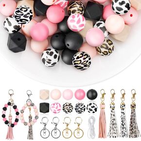 JarThenaAMCS Leopard Print and Cow Print Silicone Beads for Keychain Making Kit with 15mm Assorted DIY Silicone Beads Leather Tassels Key Rings for Office School Party Favors Decor