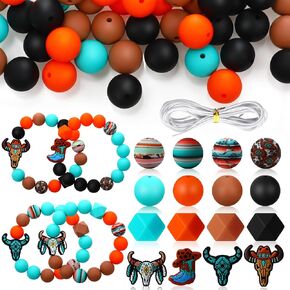 100PCS Cow Print Silicone Focal Beads, Cowboy Silicone Beads Bracelet Making Kit, 15mm Silicone Beads Bulk for DIY Crafts Keychain Making