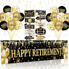 Retirement Party Decorations, Black Gold Happy Retirement Banner Sign Directional Retired Yard Sign Retirement Balloons for Happy Retirement Party Supplies
