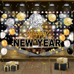 Happy New Year Banner Decorations Black and Gold 2025 New Year Banner Disco Ball Happy New Year Backdrop Banner 2025 New Years Eve Party Decorations Supplies for Indoor Outdoor 72.8 x 43.3 inch