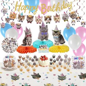 169pcs Cat Birthday Decorations,Cat Party Decoration,Serve 20 Cat Themed Birthday Party Decoration,Cat Birthday Party Supplies Banner,Swirl,Balloon,Cake Topper,Honeycomb Decor,Table Cloth,Napkin,Plate