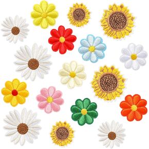 Mabor 17Pcs Daisy Iron on Patches for Clothing Sunflower Sew on Patches for Girls Kids Women Clothes Small Embroidered Applique Patches for DIY Hats Jeans Jackets Pants Shoes