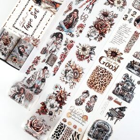 Dizdkizd Washi Tape Set, 4 Pre-Cut Animal Print PET & Washi Tapes Stickers with Diverse Sexy Women, Flowers, Adult Journaling Supplies for Collage Scrapbooks Craft Project