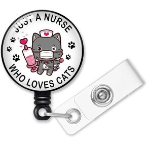 Retractable Just A Nurse Who Loves Cats Badge Reel with Alligator Clip, Funny Cat Badge Holder Gift for Nurses Cat Lover RN EN L&D OB NICU Nurse Medical Staff Nursing School Teacher Student
