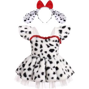 IDOPIP Baby Girls Farm Cow Dalmatian Dog Costume Tutu Dress Set with Ear Headband for Halloween Birthday Party Dress up 3-24M