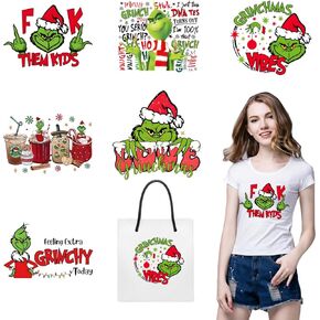 6 Sheets Christmas Grinchs Iron on Vinyl Stickers Patches Set Christmas Heat Transfer Vinyl Design Decals Christmas Iron on Decals for T Shirts Clothes Pillow Hoodie Backpack DIY Christmas Decoration