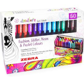 Zebra Doodler'z Gel Stick Pens - 1.0mm - Fashion, Glitter, Neon and Pastel Colours - Gift Box of 60 Pens