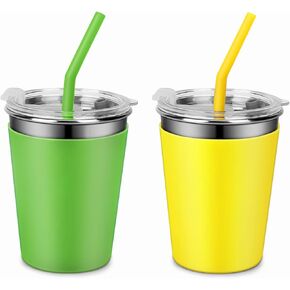 Rommeka Kids Cups Spill Proof, 4 Pack 12oz Stainless Steel Toddler Cups with Straws and Lids, Sippy Cup with Silicone Sleeves, Kids Cups for School Home