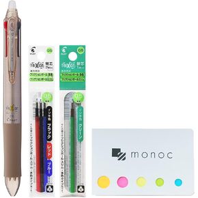 Pilot Frixion Ball 4 Click Retractable 4 Color Gel Ink Erasable Multi Pen 0.5mm / Gold Body & Each 4 Color Refills (Black, Blue, Red, Green) Value Set &"monoc" Sticky note set(Japan Import)