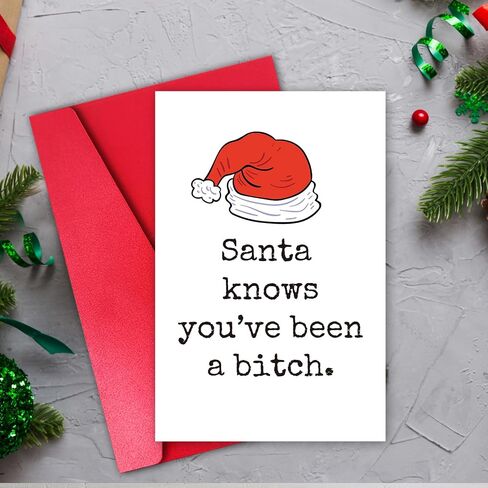 Santa Hat Christmas Card for Her, Female Friend Funny Christmas Card, Merry Christmas Card for Women, Santa Knows in Saudi Arabia