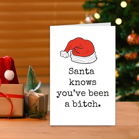 Santa Hat Christmas Card for Her, Female Friend Funny Christmas Card, Merry Christmas Card for Women, Santa Knows in Saudi Arabia