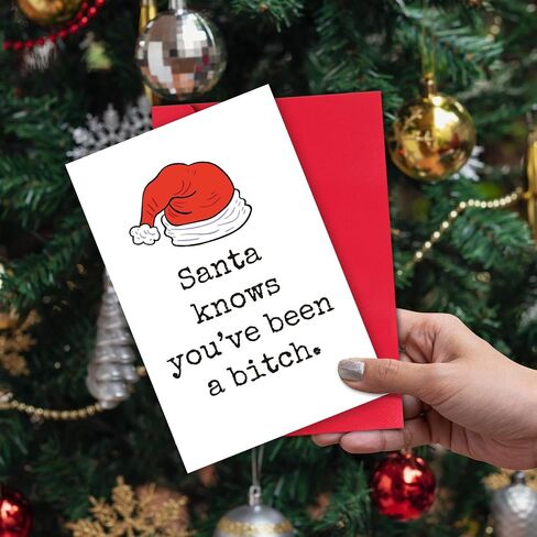 Santa Hat Christmas Card for Her, Female Friend Funny Christmas Card, Merry Christmas Card for Women, Santa Knows in Saudi Arabia
