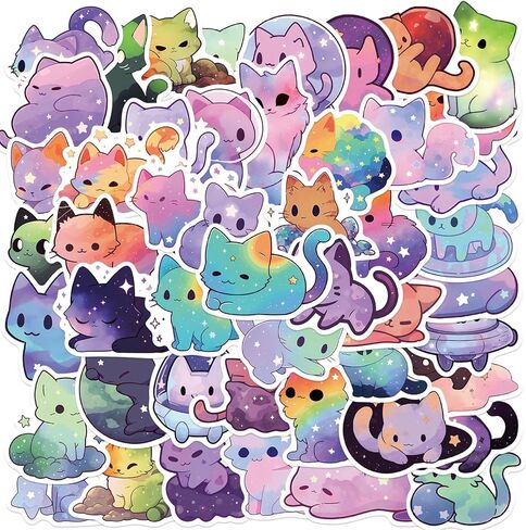 50 Pcs Starry Sky Cat Stickers for Kids Cute Aesthetic Cartoon Rainbow Cat Stickers for Teens Girls and Women Cute Cat Animals Vinyl Waterproof Stickers for Water Bottle,Laptop,Phone,Skateboard in Kuwait