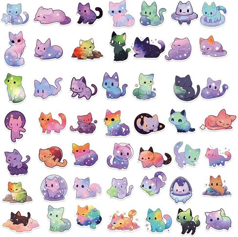 50 Pcs Starry Sky Cat Stickers for Kids Cute Aesthetic Cartoon Rainbow Cat Stickers for Teens Girls and Women Cute Cat Animals Vinyl Waterproof Stickers for Water Bottle,Laptop,Phone,Skateboard in Kuwait