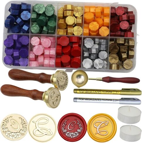 Initial Alphabet T Wax Seal Stamp Kit, 2Pcs Wreath Letter T Wax Sealing Stamp with 200Pcs Wax Seal Beads in 10 Colors, Wax Seal Spoon, Wax Seal Pen and Candles (10#T) in Saudi Arabia