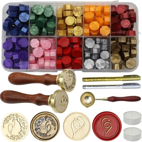 Initial Alphabet T Wax Seal Stamp Kit, 2Pcs Wreath Letter T Wax Sealing Stamp with 200Pcs Wax Seal Beads in 10 Colors, Wax Seal Spoon, Wax Seal Pen and Candles (10#T) in Saudi Arabia
