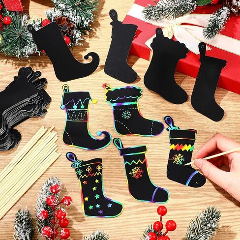 Hollowfly 80 Pcs Christmas Socks Scratch Cards Rainbow Christmas Decoration Ornaments Christmas DIY Stockings Crafts for Winter DIY Activities Xmas Holiday Party in Saudi Arabia