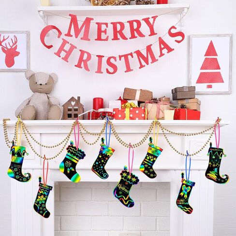Hollowfly 80 Pcs Christmas Socks Scratch Cards Rainbow Christmas Decoration Ornaments Christmas DIY Stockings Crafts for Winter DIY Activities Xmas Holiday Party in Saudi Arabia