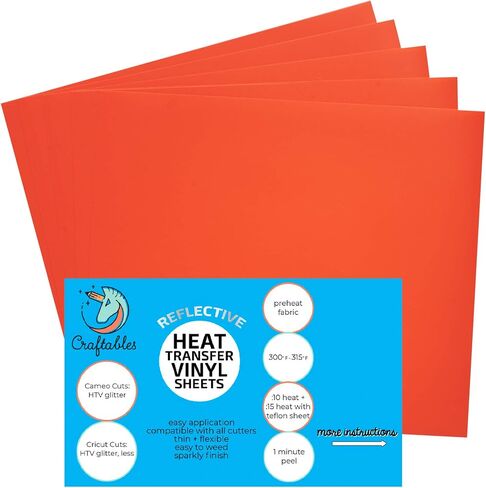 Craftables Orange Reflective Iron On Heat Transfer Vinyl 5 Sheets | Metallic, Reflective Finish - Great for Safety in Saudi Arabia