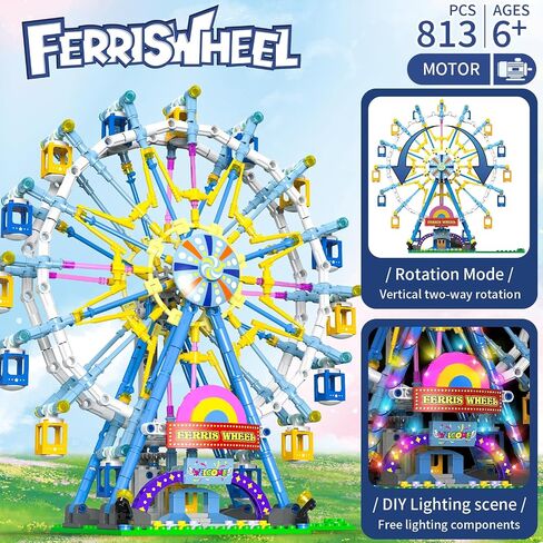 2025 Newly Upgrade Ferris Wheel Building Set with Fairy Light, Two-Way Rotating Ferris Wheel Building Blocks Set of 813 PCS, Amusement Park Model Kit for Kids Ages 8+, Ideas Gift for Boys and Girls in Saudi Arabia
