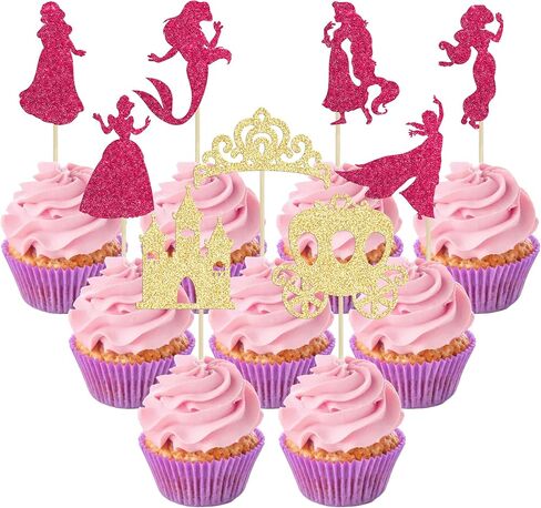 Gyufise 36Pcs Princess Cupcake Toppers Colorful Glitter Mermaid Girl Castle Carriage High Heel Crown Cupcake Picks Princess Theme Baby Shower Girls Birthday Party Cake Decorations Supplies in Kuwait