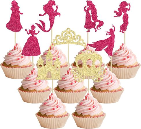 Gyufise 36Pcs Princess Cupcake Toppers Colorful Glitter Mermaid Girl Castle Carriage High Heel Crown Cupcake Picks Princess Theme Baby Shower Girls Birthday Party Cake Decorations Supplies in Kuwait