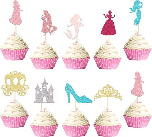 Gyufise 36Pcs Princess Cupcake Toppers Colorful Glitter Mermaid Girl Castle Carriage High Heel Crown Cupcake Picks Princess Theme Baby Shower Girls Birthday Party Cake Decorations Supplies in Kuwait