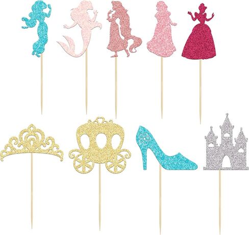Gyufise 36Pcs Princess Cupcake Toppers Colorful Glitter Mermaid Girl Castle Carriage High Heel Crown Cupcake Picks Princess Theme Baby Shower Girls Birthday Party Cake Decorations Supplies in Kuwait