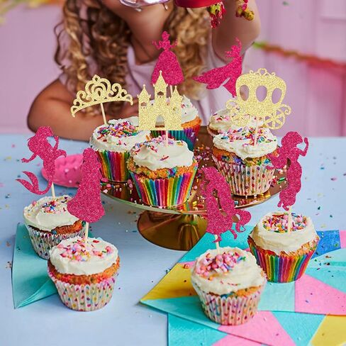 Gyufise 36Pcs Princess Cupcake Toppers Colorful Glitter Mermaid Girl Castle Carriage High Heel Crown Cupcake Picks Princess Theme Baby Shower Girls Birthday Party Cake Decorations Supplies in Kuwait