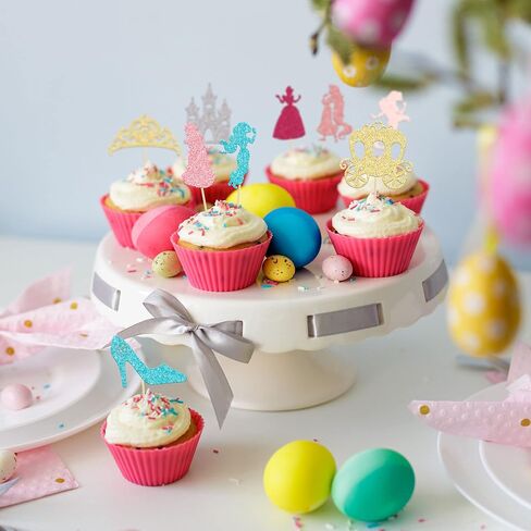 Gyufise 36Pcs Princess Cupcake Toppers Colorful Glitter Mermaid Girl Castle Carriage High Heel Crown Cupcake Picks Princess Theme Baby Shower Girls Birthday Party Cake Decorations Supplies in Kuwait