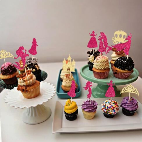 Gyufise 36Pcs Princess Cupcake Toppers Colorful Glitter Mermaid Girl Castle Carriage High Heel Crown Cupcake Picks Princess Theme Baby Shower Girls Birthday Party Cake Decorations Supplies in Kuwait