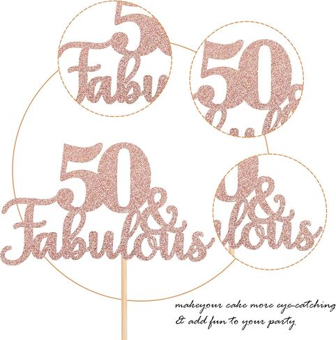 1 PCS 50 & Fabulous Cake Topper Glitter Fifty and Fabulous Cake Toppers Happy 50th Birthday Cake Pick for 50th Wedding Anniversary Birthday Party Cake Decorations Supplies Rose Gold in Saudi Arabia
