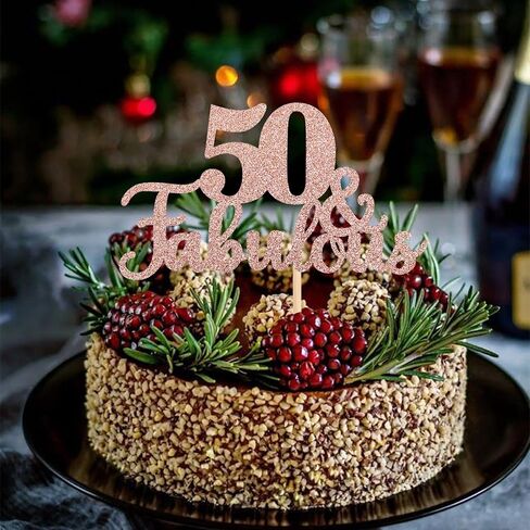 1 PCS 50 & Fabulous Cake Topper Glitter Fifty and Fabulous Cake Toppers Happy 50th Birthday Cake Pick for 50th Wedding Anniversary Birthday Party Cake Decorations Supplies Rose Gold in Saudi Arabia