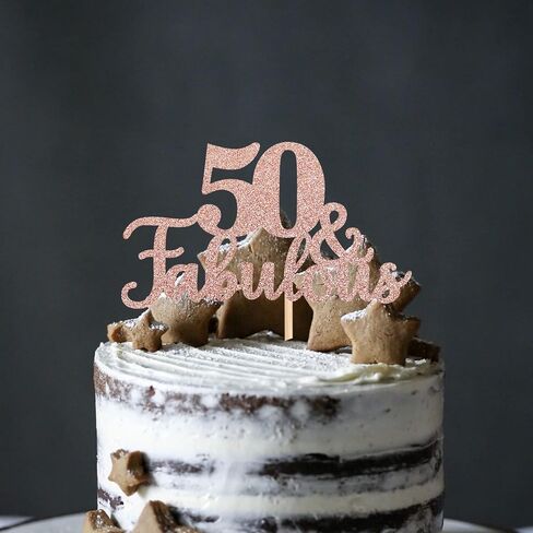 1 PCS 50 & Fabulous Cake Topper Glitter Fifty and Fabulous Cake Toppers Happy 50th Birthday Cake Pick for 50th Wedding Anniversary Birthday Party Cake Decorations Supplies Rose Gold in Saudi Arabia