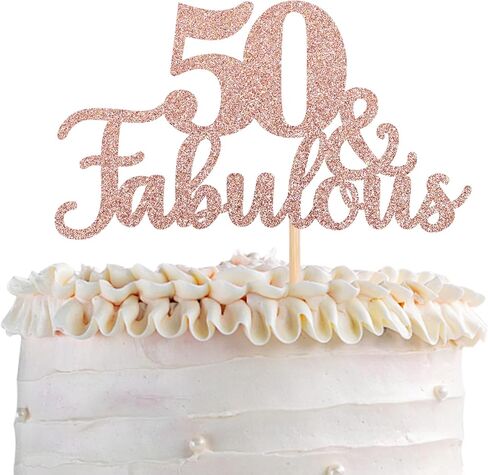 1 PCS 50 & Fabulous Cake Topper Glitter Fifty and Fabulous Cake Toppers Happy 50th Birthday Cake Pick for 50th Wedding Anniversary Birthday Party Cake Decorations Supplies Rose Gold in Saudi Arabia