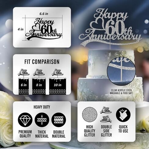 25th Anniversary Cake Topper Silver Glitter, 25 Wedding Anniversary Party Decoration Ideas, Premium Quality, Sturdy Doubled Sided Glitter, Acrylic Stick. Made in USA (25th Silver) in Saudi Arabia