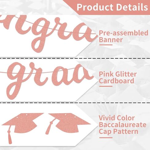 Congrats Grad Banner Decorations - Hanging Glitter Graduation Banner with Cap Garland Sign Bunting for Class of 2024 Photo Backdrop, College High School Grad Party Supplies for Wall Decor (Black) in Saudi Arabia