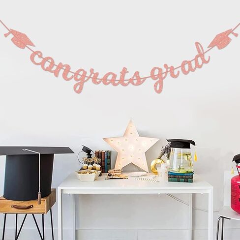 Congrats Grad Banner Decorations - Hanging Glitter Graduation Banner with Cap Garland Sign Bunting for Class of 2024 Photo Backdrop, College High School Grad Party Supplies for Wall Decor (Black) in Saudi Arabia