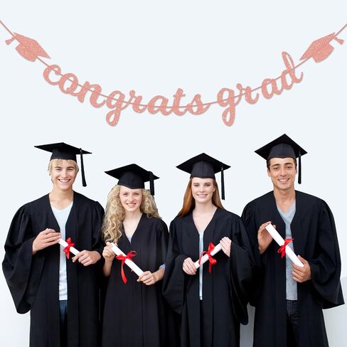 Congrats Grad Banner Decorations - Hanging Glitter Graduation Banner with Cap Garland Sign Bunting for Class of 2024 Photo Backdrop, College High School Grad Party Supplies for Wall Decor (Black) in Saudi Arabia