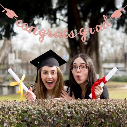 Congrats Grad Banner Decorations - Hanging Glitter Graduation Banner with Cap Garland Sign Bunting for Class of 2024 Photo Backdrop, College High School Grad Party Supplies for Wall Decor (Black) in Saudi Arabia